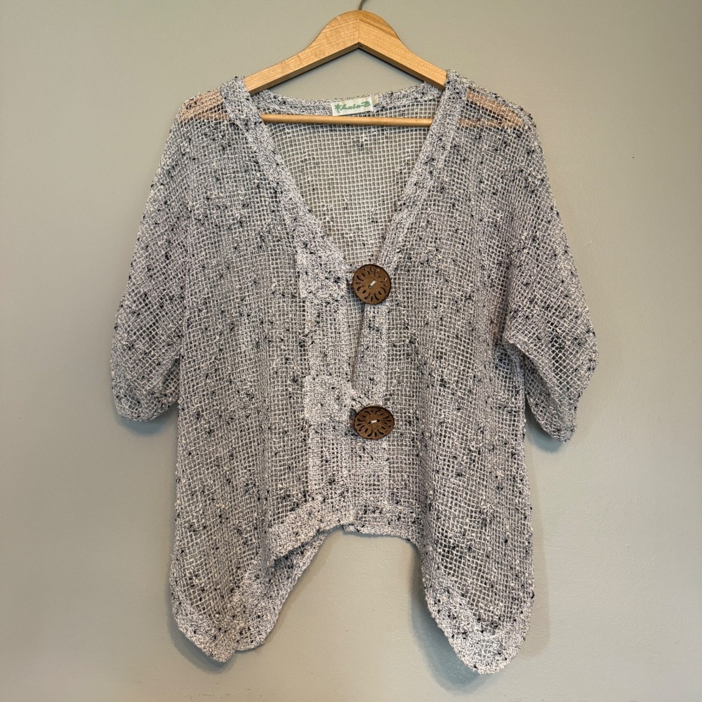 Lulu-B Womens White Black Speckled Open Mesh Knit Cardigan Wooden Buttons‎ Large